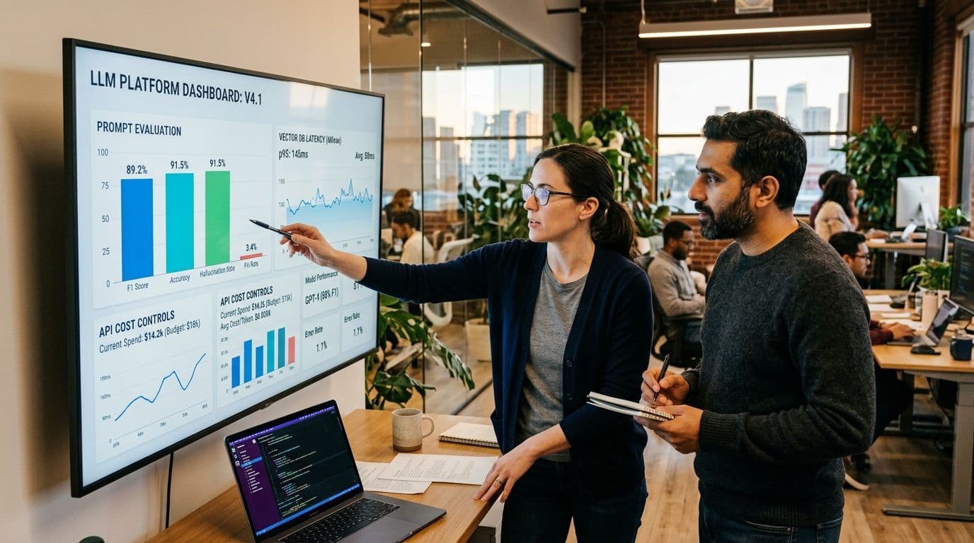 AI engineer and founder in tech office analyzing LLM application evaluation and latency dashboard