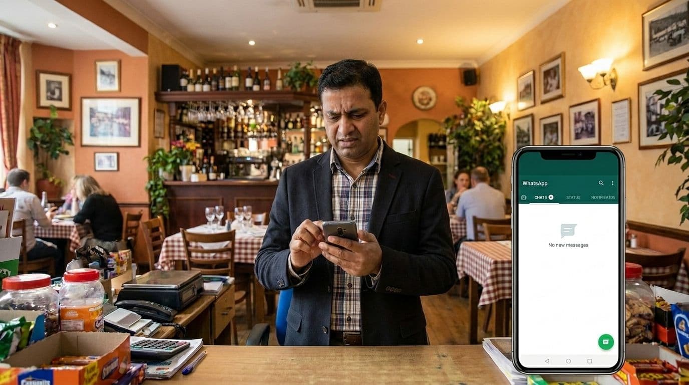 Local business owner checking enquiry messages on phone with a busy shop in the background