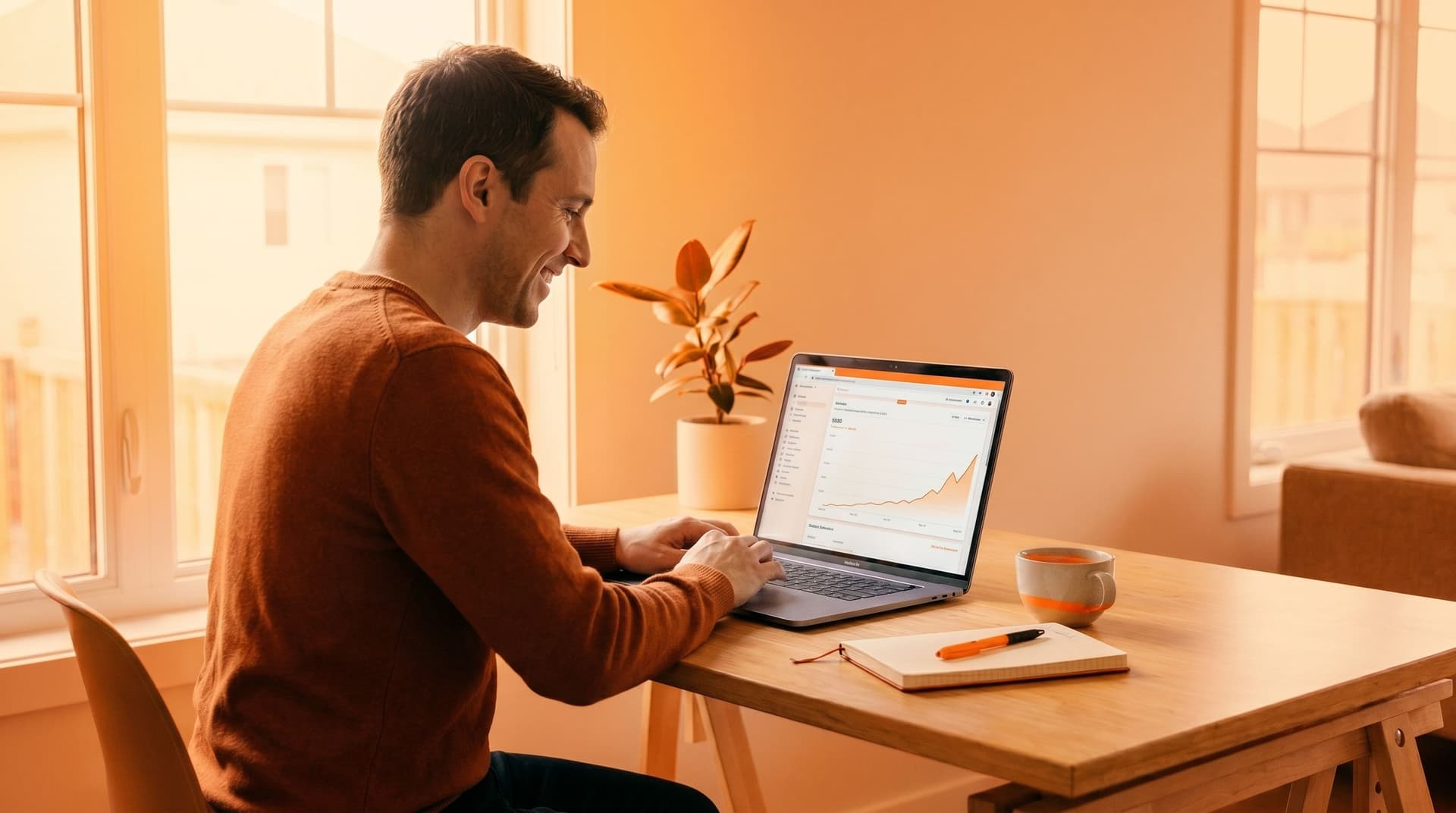Solo founder at a minimal desk with Stripe dashboard showing upward MRR chart on screen