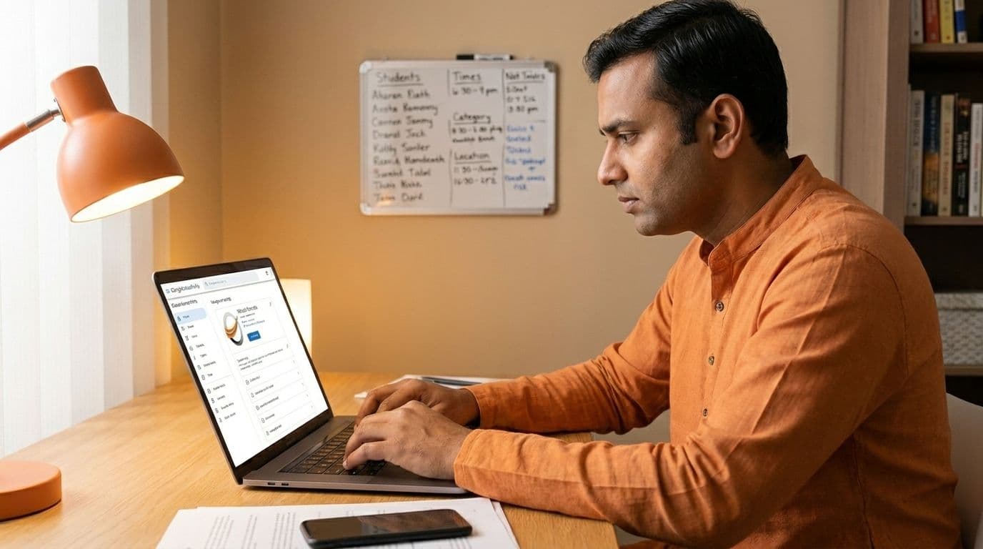Coaching center owner updating their Google profile and social media on a laptop