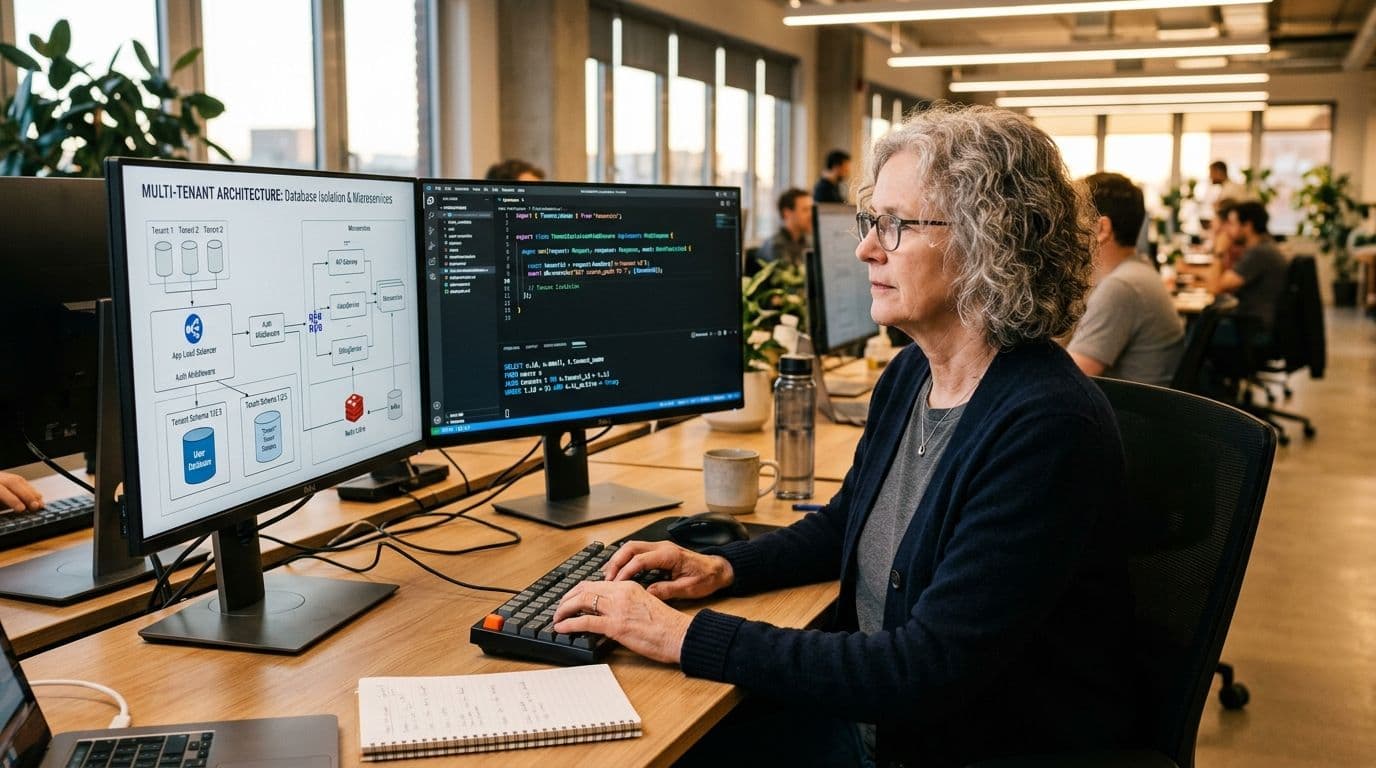 Senior backend engineer designing multi-tenant database isolation and microservices architecture