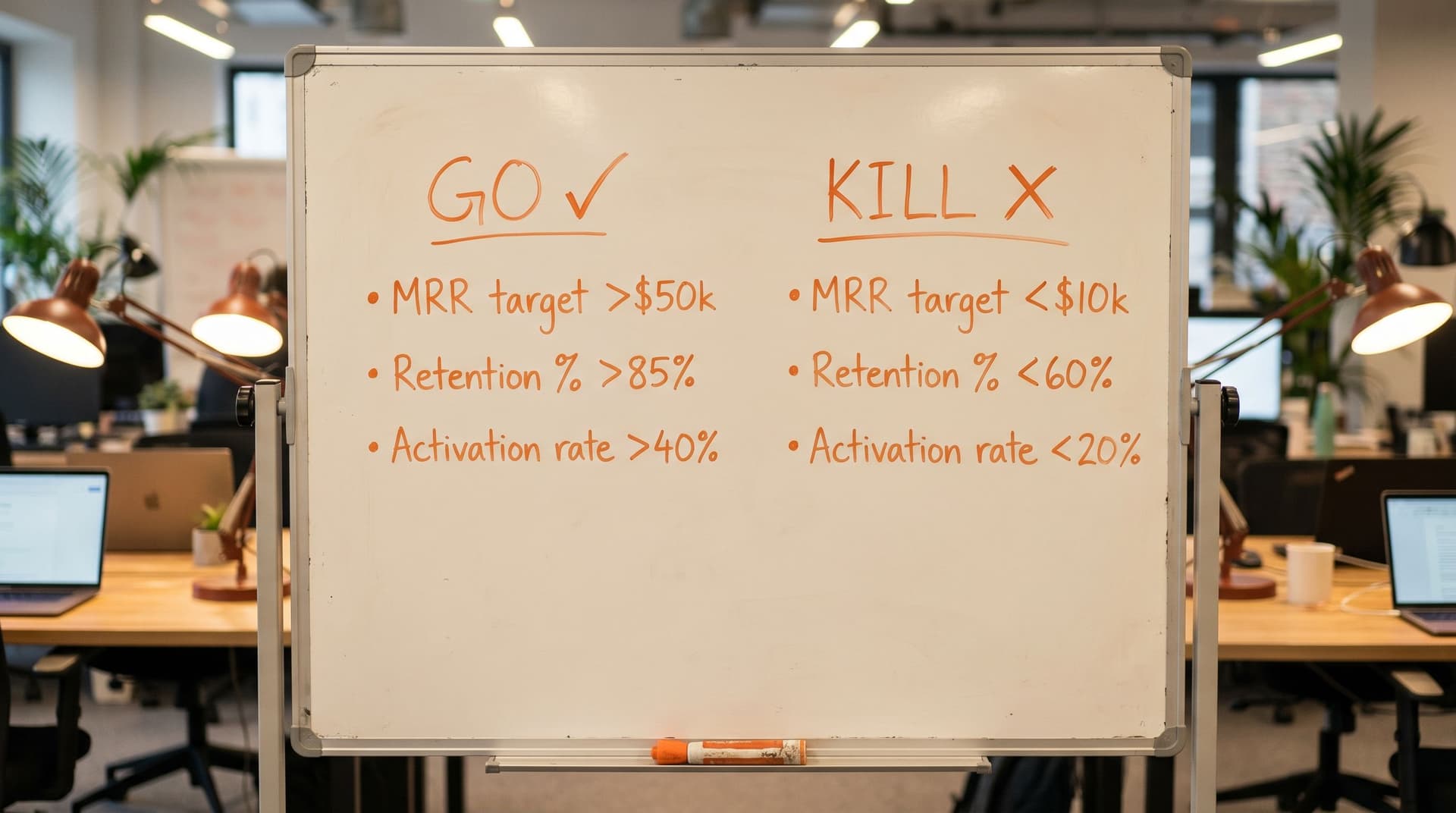 Whiteboard with two columns labeled GO and KILL showing specific metrics written in orange marker